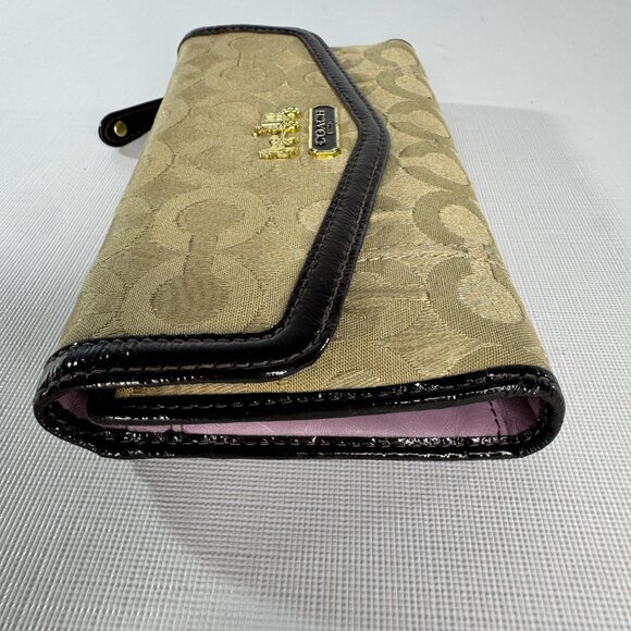 VINTAGE Coach Madison Op Art Checkbook Wallet | Khaki Brown Canvas Patent Leathe - Picture 11 of 14